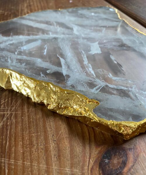 Alternative view of Large Premium Clear Quartz Natural Shape Gold Edge Platter 1 / Cheeseboard / Tray / Sign Board L26xW19xD1cm - 898g