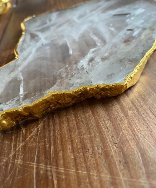 Large Premium Clear Quartz Natural Shape Gold Edge Platter 1 / Cheeseboard / Tray / Sign Board L26xW19xD1cm - 898g - Image 5