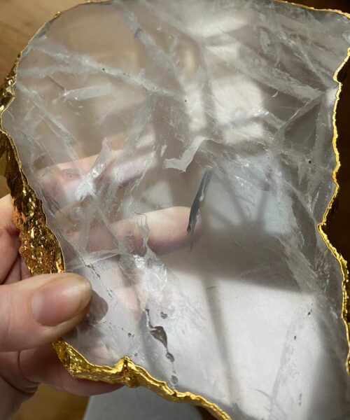 Large Premium Clear Quartz Natural Shape Gold Edge Platter 1 / Cheeseboard / Tray / Sign Board L26xW19xD1cm - 898g - Image 8