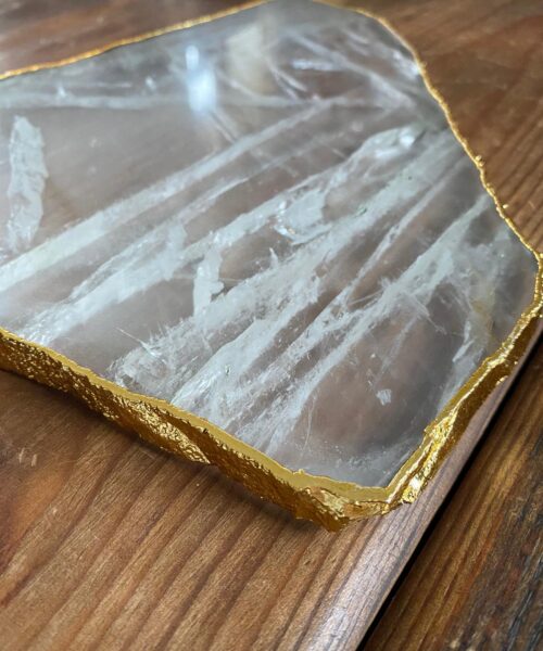 Large Premium Clear Quartz Natural Shape Gold Edge Platter 2 / Cheeseboard / Tray / Sign Board L31xW24xD1cm - 1352g - Image 3