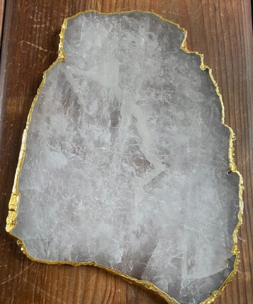 Large Premium Clear Quartz Natural Shape Gold Edge Platter 5 / Cheeseboard / Tray / Sign Board L26xW20xD1cm - 976g
