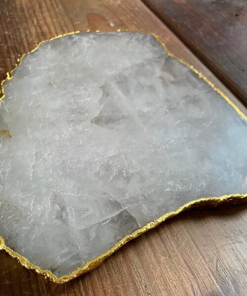Large Premium Clear Quartz Natural Shape Gold Edge Platter 5 / Cheeseboard / Tray / Sign Board L26xW20xD1cm - 976g - Image 6