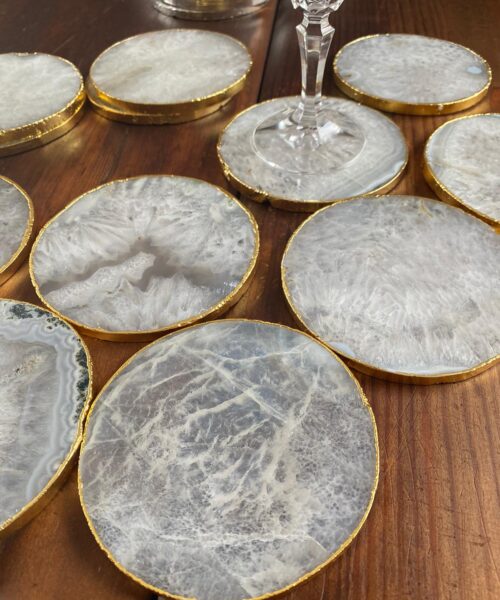 Alternative view of White Agate Premium Microcrystalline Quartz Coasters Circle Shape 24ct Gold Edge (set of 4) Gift