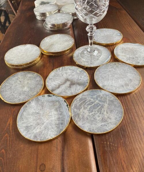 White Agate Premium Microcrystalline Quartz Coasters Circle Shape 24ct Gold Edge (set of 4) Gift