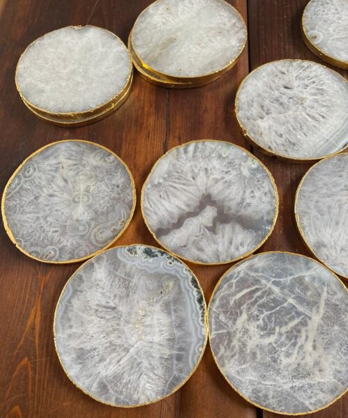 White Agate Premium Microcrystalline Quartz Coasters Circle Shape 24ct Gold Edge (set of 4) Gift - Image 4