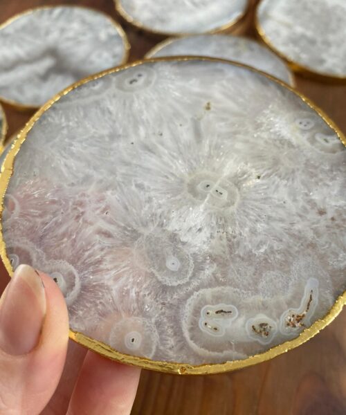 White Agate Premium Microcrystalline Quartz Coasters Circle Shape 24ct Gold Edge (set of 4) Gift - Image 5