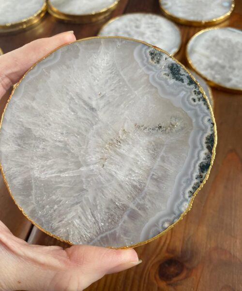 White Agate Premium Microcrystalline Quartz Coasters Circle Shape 24ct Gold Edge (set of 4) Gift - Image 6