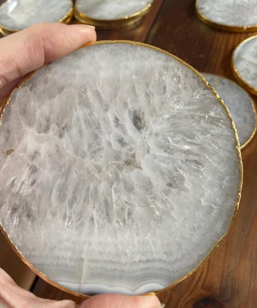White Agate Premium Microcrystalline Quartz Coasters Circle Shape 24ct Gold Edge (set of 4) Gift - Image 7