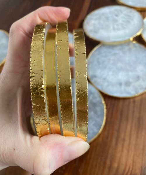 White Agate Premium Microcrystalline Quartz Coasters Circle Shape 24ct Gold Edge (set of 4) Gift - Image 8