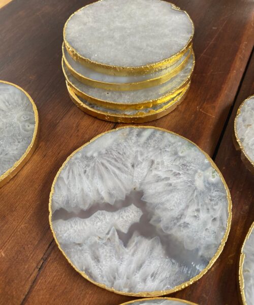 White Agate Premium Microcrystalline Quartz Coasters Circle Shape 24ct Gold Edge (set of 4) Gift - Image 9