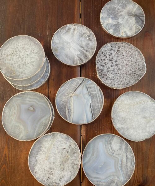 Alternative view of White Agate Premium Microcrystalline Quartz Coasters Circle Shape Silver Edge (set of 4) Gift