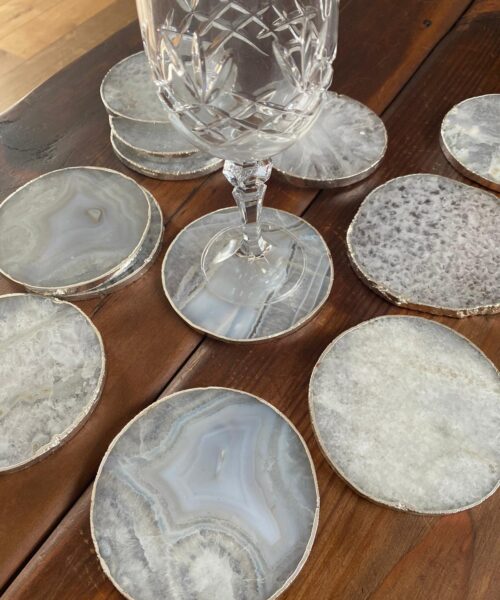 White Agate Premium Microcrystalline Quartz Coasters Circle Shape Silver Edge (set of 4) Gift