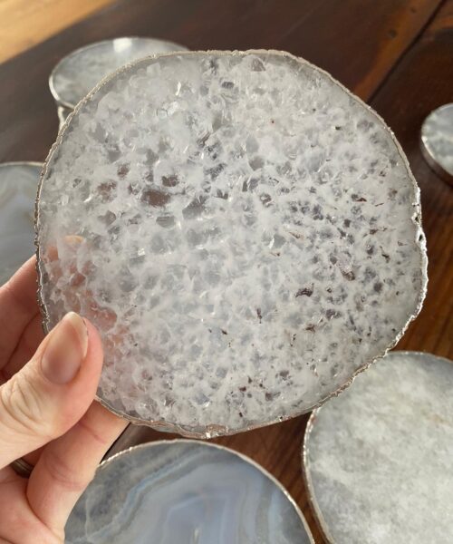 White Agate Premium Microcrystalline Quartz Coasters Circle Shape Silver Edge (set of 4) Gift - Image 13