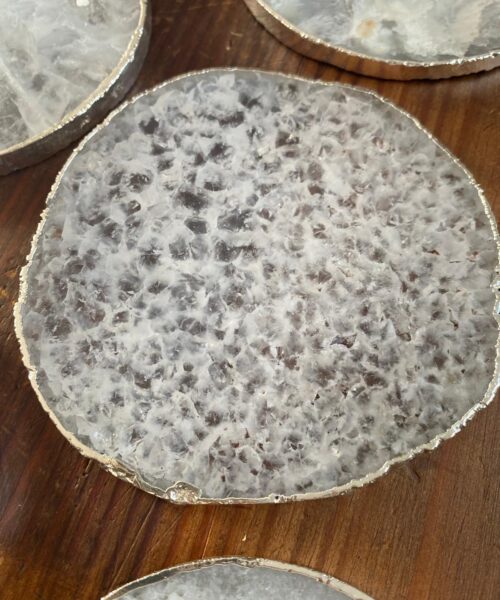 White Agate Premium Microcrystalline Quartz Coasters Circle Shape Silver Edge (set of 4) Gift - Image 5