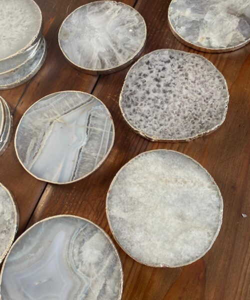 White Agate Premium Microcrystalline Quartz Coasters Circle Shape Silver Edge (set of 4) Gift - Image 6