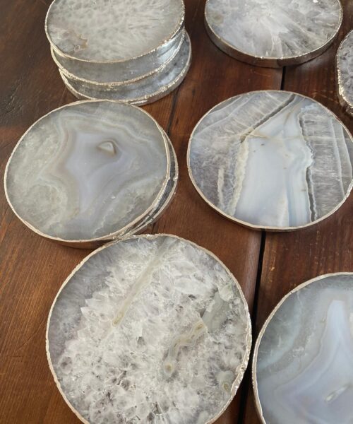 White Agate Premium Microcrystalline Quartz Coasters Circle Shape Silver Edge (set of 4) Gift - Image 7