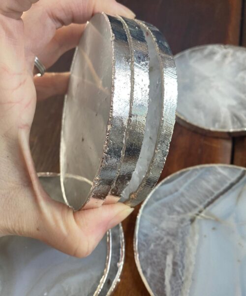 White Agate Premium Microcrystalline Quartz Coasters Circle Shape Silver Edge (set of 4) Gift - Image 8
