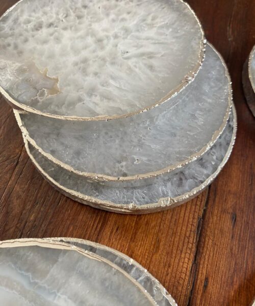 White Agate Premium Microcrystalline Quartz Coasters Circle Shape Silver Edge (set of 4) Gift - Image 9
