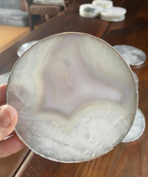 White Agate Premium Microcrystalline Quartz Coasters Circle Shape Silver Edge (set of 4) Gift - Image 10