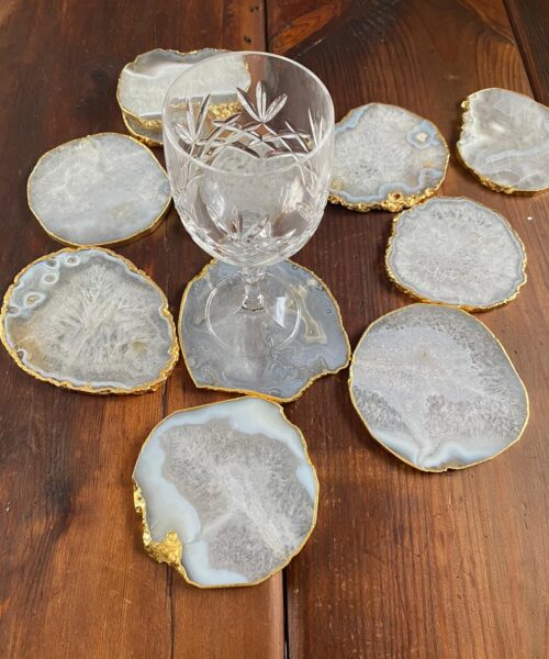 White Agate Premium Microcrystalline Quartz Coasters Natural Shape 24ct Gold Edge (set of 4) Gift