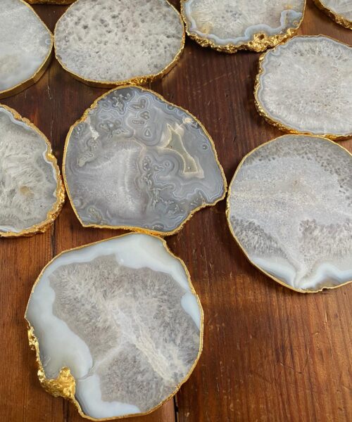White Agate Premium Microcrystalline Quartz Coasters Natural Shape 24ct Gold Edge (set of 4) Gift - Image 3
