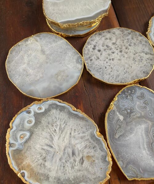 White Agate Premium Microcrystalline Quartz Coasters Natural Shape 24ct Gold Edge (set of 4) Gift - Image 4