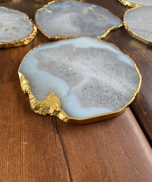 White Agate Premium Microcrystalline Quartz Coasters Natural Shape 24ct Gold Edge (set of 4) Gift - Image 6