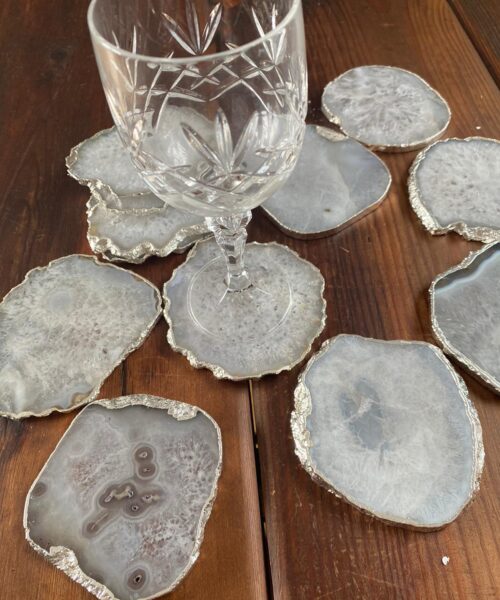White Agate Premium Microcrystalline Quartz Coasters Natural Shape Silver Edge (set of 4) Gift