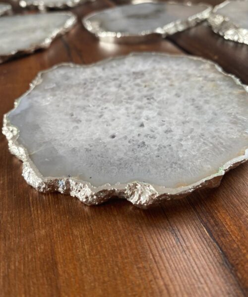 White Agate Premium Microcrystalline Quartz Coasters Natural Shape Silver Edge (set of 4) Gift - Image 11