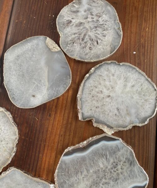 Alternative view of White Agate Premium Microcrystalline Quartz Coasters Natural Shape Silver Edge (set of 4) Gift