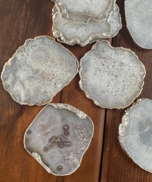White Agate Premium Microcrystalline Quartz Coasters Natural Shape Silver Edge (set of 4) Gift - Image 3