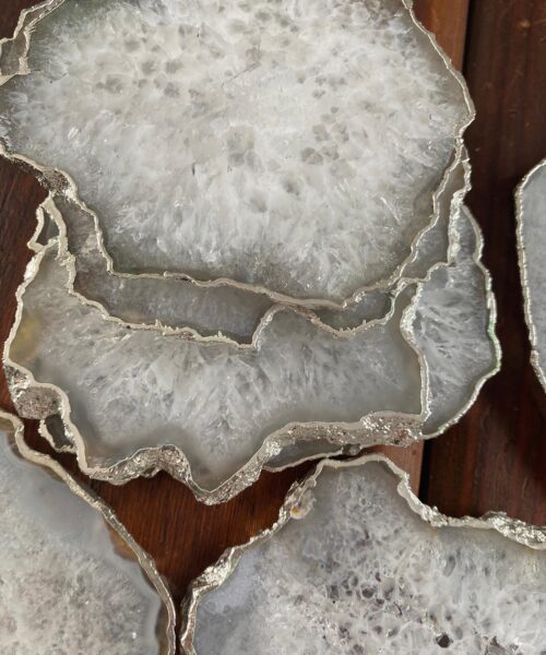 White Agate Premium Microcrystalline Quartz Coasters Natural Shape Silver Edge (set of 4) Gift - Image 4