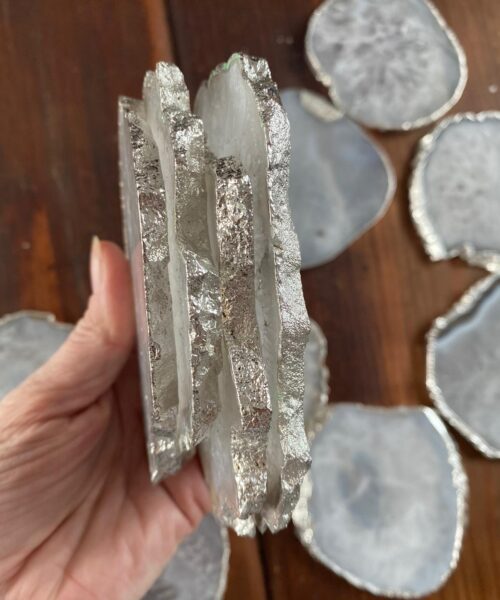 White Agate Premium Microcrystalline Quartz Coasters Natural Shape Silver Edge (set of 4) Gift - Image 5