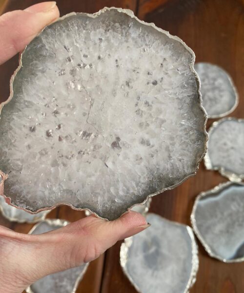 White Agate Premium Microcrystalline Quartz Coasters Natural Shape Silver Edge (set of 4) Gift - Image 6