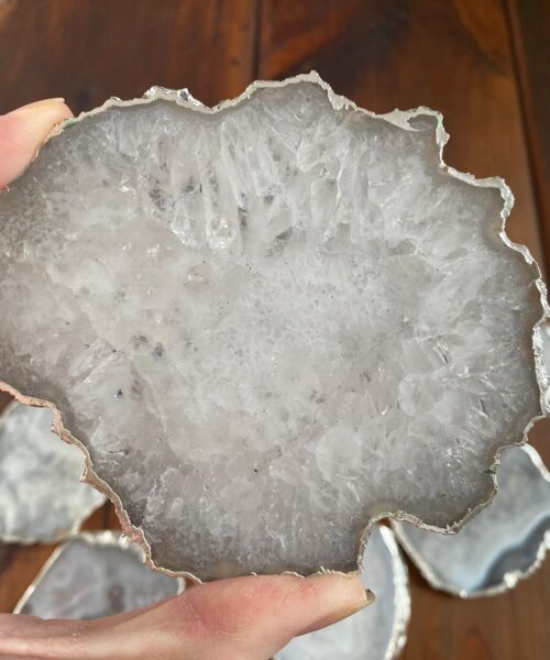 White Agate Premium Microcrystalline Quartz Coasters Natural Shape Silver Edge (set of 4) Gift - Image 7