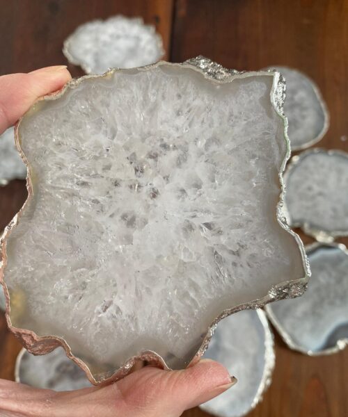 White Agate Premium Microcrystalline Quartz Coasters Natural Shape Silver Edge (set of 4) Gift - Image 8