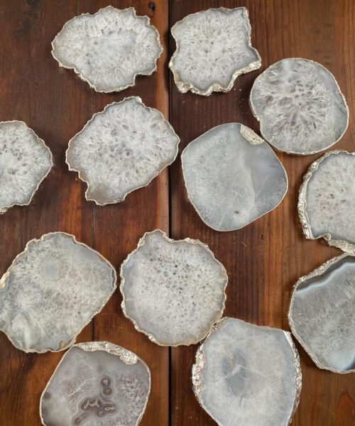 White Agate Premium Microcrystalline Quartz Coasters Natural Shape Silver Edge (set of 4) Gift - Image 9