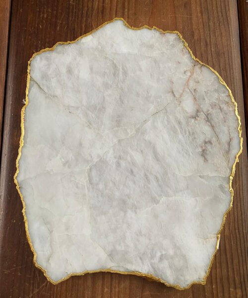 Large Premium White Quartz Natural Shape Gold Edge Platter 3 / Cheeseboard / Tray / Sign Board L25xW21xD1cm - 1173g