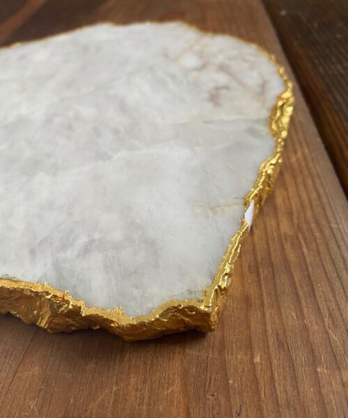 Alternative view of Large Premium White Quartz Natural Shape Gold Edge Platter 3 / Cheeseboard / Tray / Sign Board L25xW21xD1cm - 1173g