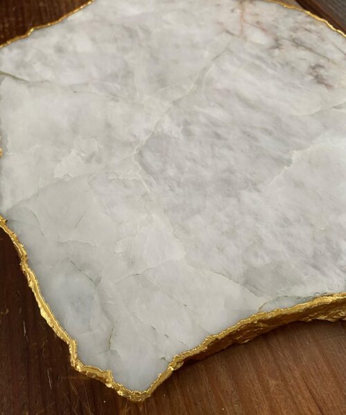 Large Premium White Quartz Natural Shape Gold Edge Platter 3 / Cheeseboard / Tray / Sign Board L25xW21xD1cm - 1173g - Image 3
