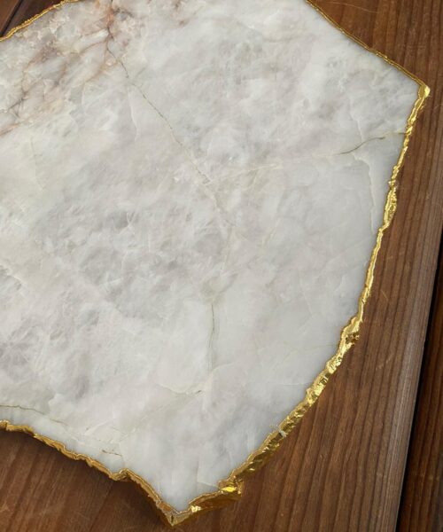 Large Premium White Quartz Natural Shape Gold Edge Platter 3 / Cheeseboard / Tray / Sign Board L25xW21xD1cm - 1173g - Image 7