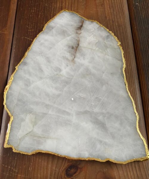 Large Premium White Quartz Natural Shape Gold Edge Platter 4 / Cheeseboard / Tray / Sign Board L28xW24xD1cm - 1402g