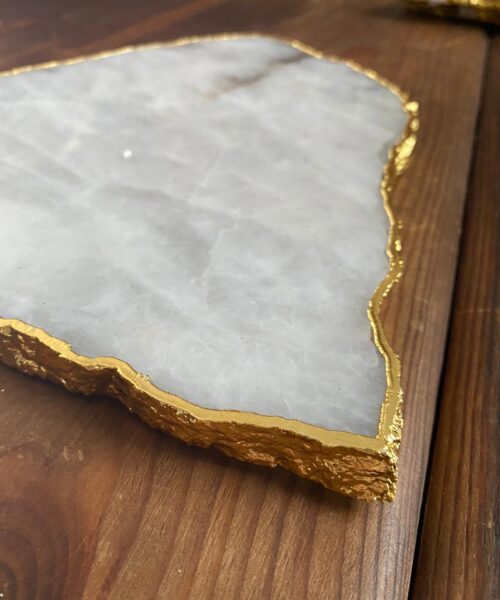 Alternative view of Large Premium White Quartz Natural Shape Gold Edge Platter 4 / Cheeseboard / Tray / Sign Board L28xW24xD1cm - 1402g