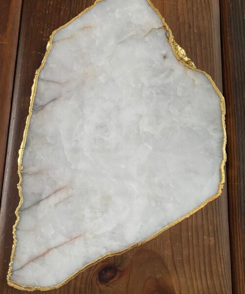 Large Premium White Quartz Natural Shape Gold Edge Platter 5 / Cheeseboard / Tray / Sign Board L34xW21xD1cm - 1467g