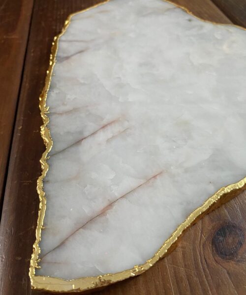 Alternative view of Large Premium White Quartz Natural Shape Gold Edge Platter 5 / Cheeseboard / Tray / Sign Board L34xW21xD1cm - 1467g