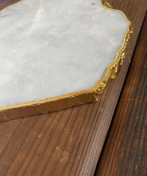 Large Premium White Quartz Natural Shape Gold Edge Platter 5 / Cheeseboard / Tray / Sign Board L34xW21xD1cm - 1467g - Image 3
