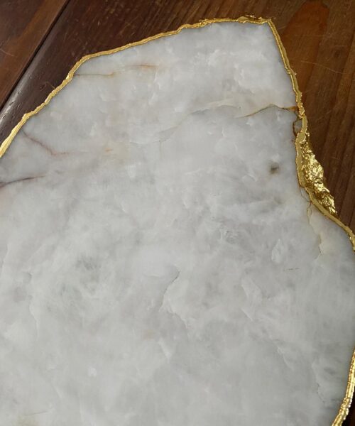 Large Premium White Quartz Natural Shape Gold Edge Platter 5 / Cheeseboard / Tray / Sign Board L34xW21xD1cm - 1467g - Image 4
