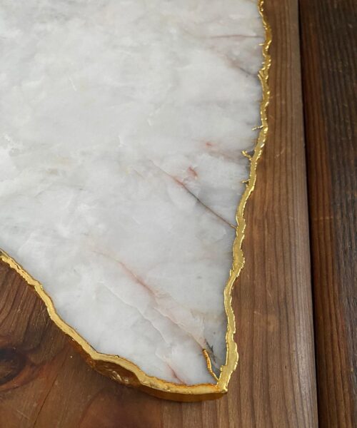 Large Premium White Quartz Natural Shape Gold Edge Platter 5 / Cheeseboard / Tray / Sign Board L34xW21xD1cm - 1467g - Image 6