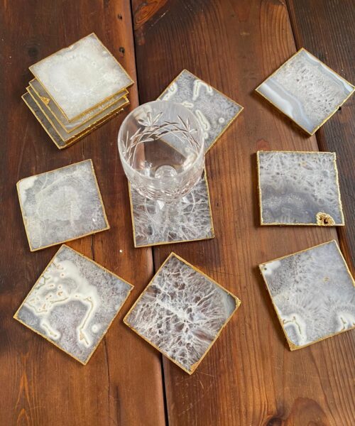Alternative view of White Agate Premium Microcrystalline Quartz Coasters Square Shape 24ct Gold Edge (set of 4) Gift