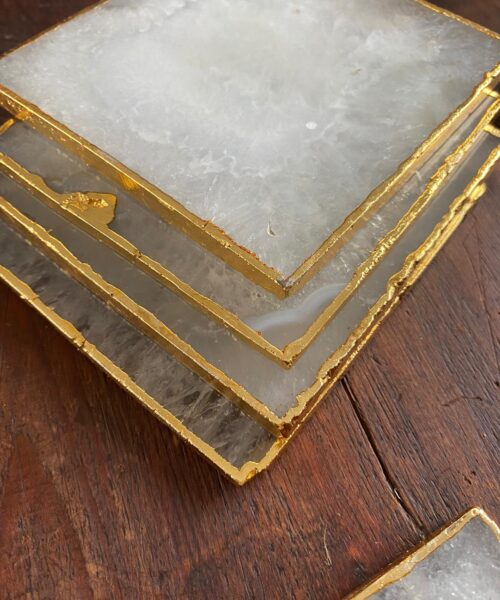 White Agate Premium Microcrystalline Quartz Coasters Square Shape 24ct Gold Edge (set of 4) Gift - Image 11